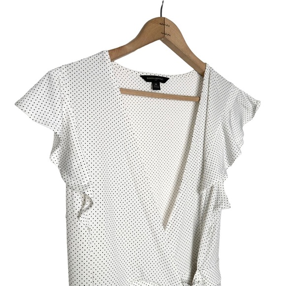 Banana Republic | White with Black Polka Dots Short Ruffle Sleeve Wrap Top - Picture 5 of 6